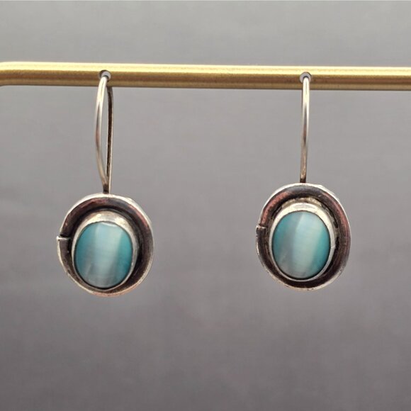 SEZGIN Sterling Silver Drop Earrings 1" Blue Cat’s Eye Signed 925 Oval 4.35g - Picture 9 of 12